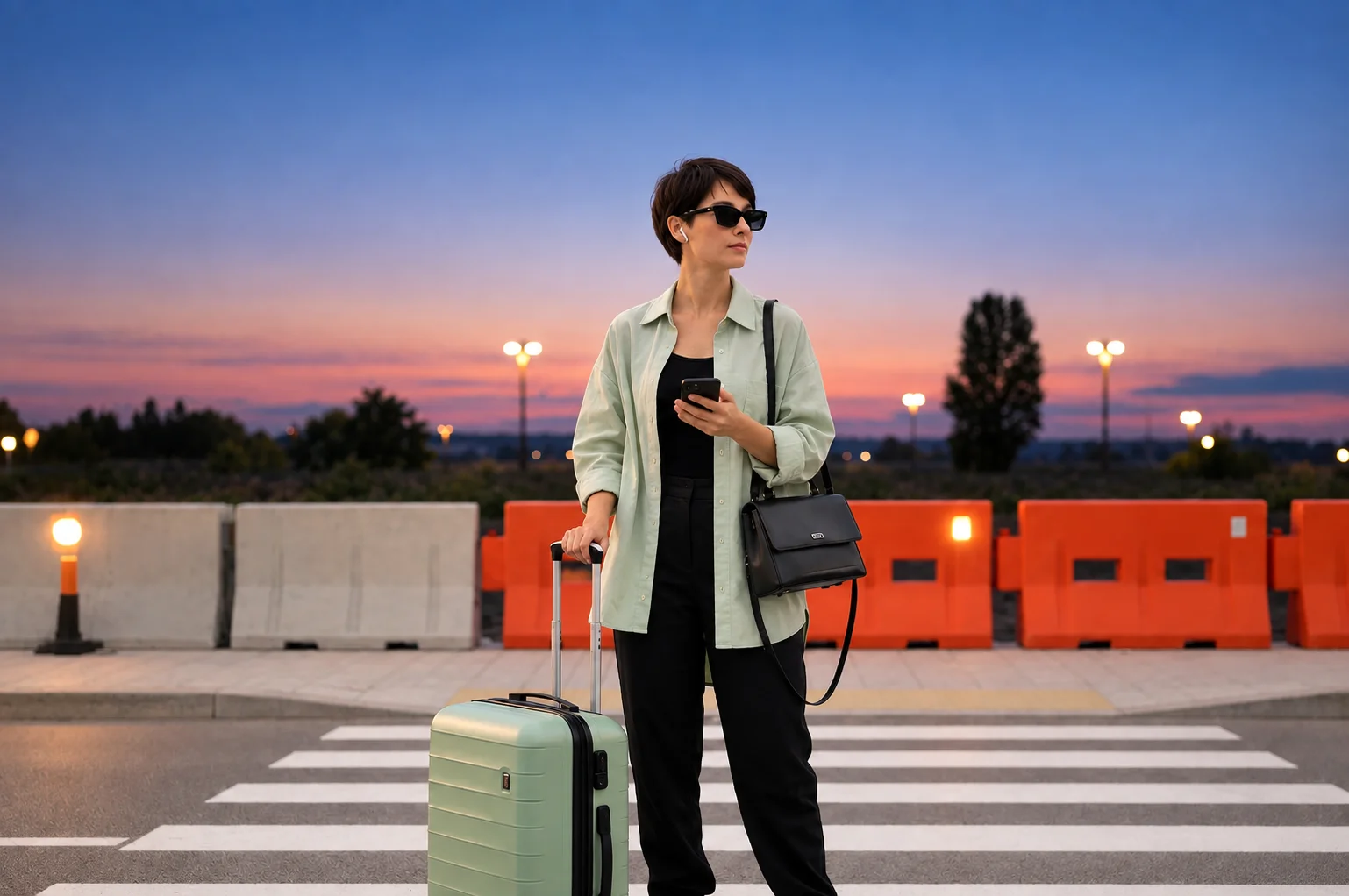 Woman with a suitcase looking at her phone at dusk, about to leave the UK